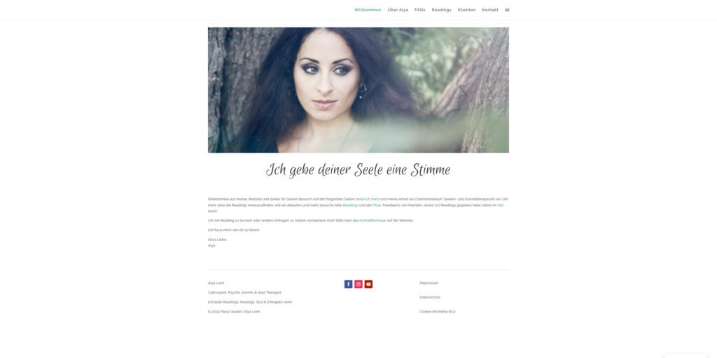 Screenshot of Alya Leon website homepage in German with a bold headline reading 'I give your soul a voice,' body introduction text, and a footer section containing multiple links