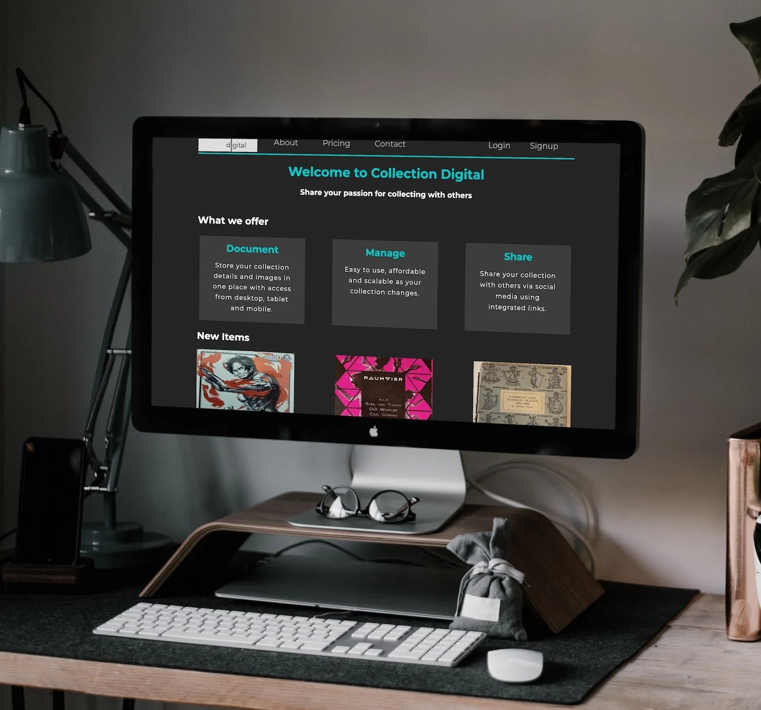 A desktop computer monitor displays the Collection Digital website, featuring sections for documenting, managing, and sharing personal collections.